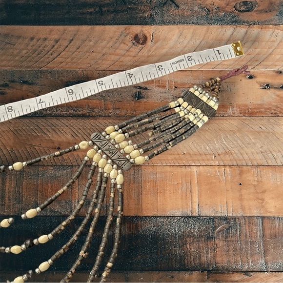 Bohemian Handcrafted Beaded Tropical Choker Necklace 17” Bone and Brown Beading - Picture 4 of 9